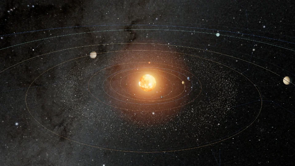 The Sun and the inner planets on their orbits in Orrery Space
