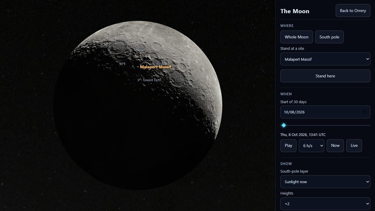 The Moon in Orrery's Moon explorer