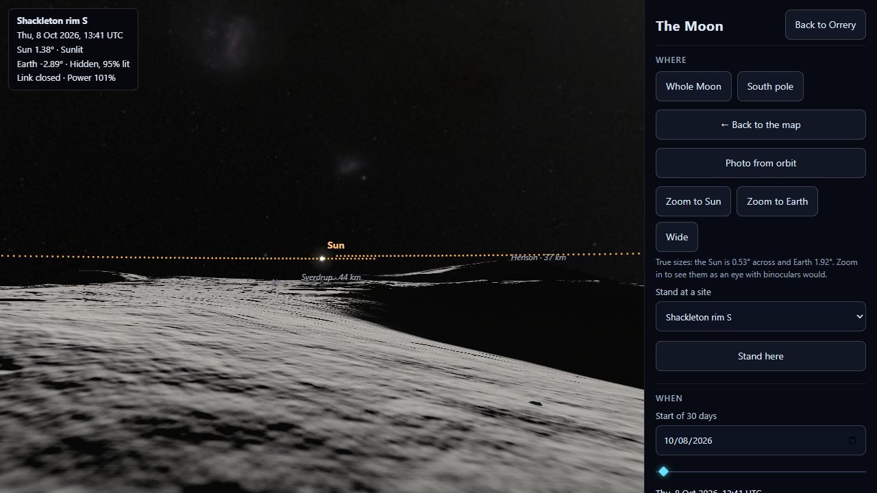 Standing on the Moon near Shackleton crater: grey ground, the long shadow of the rim, and the black sky