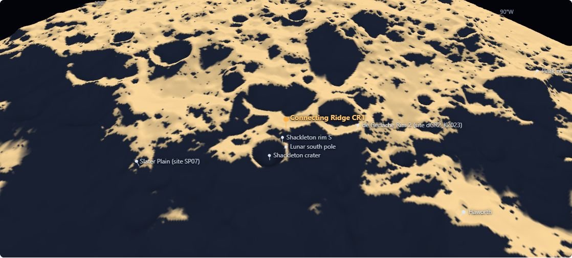 The Moon's south pole in 3D, lit for a chosen hour
