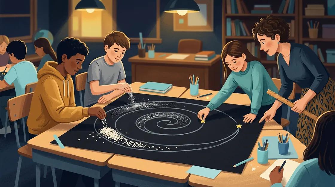 Students sprinkle rice and glitter into a spiral on black paper across their desks, one placing a small star far out on an arm