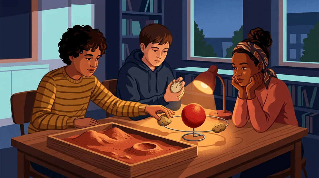 Three students at a table at dusk: a tray of rust-red sand hills under a lamp, and a red ball on a stand with two small potato moons on a wire ring, one student moving a potato while another times it with a stopwatch