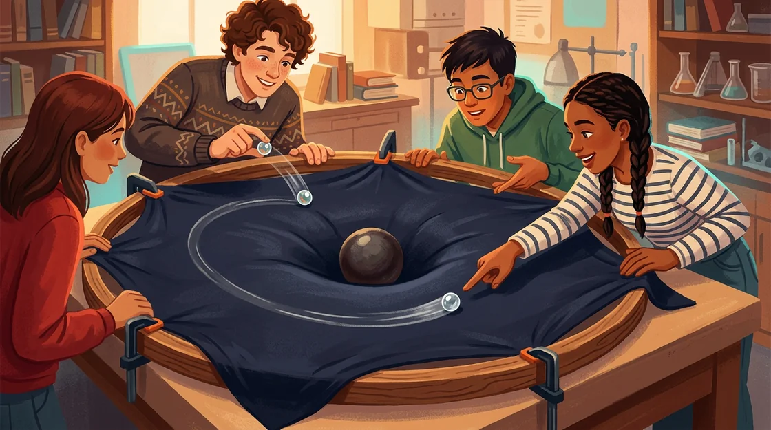 Students around a stretched dark fabric sheet with a heavy ball sunk in its middle, rolling a glass marble that curves fast past the ball on an oval path