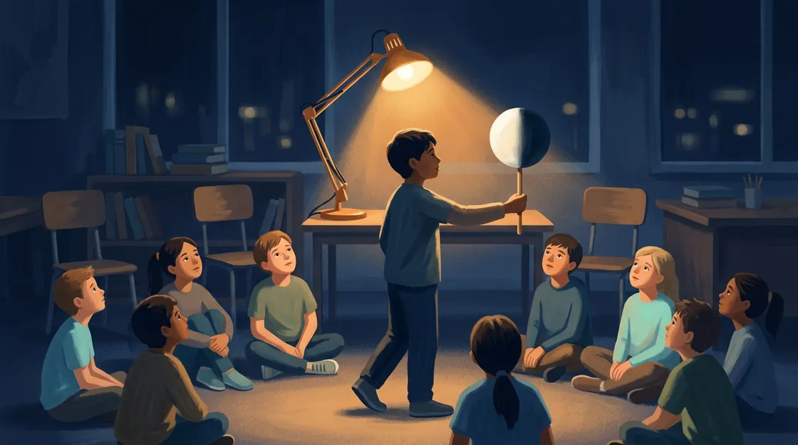 A darkened classroom: a student turns with a white ball on a stick in front of a bare lamp while classmates watch the lit half change