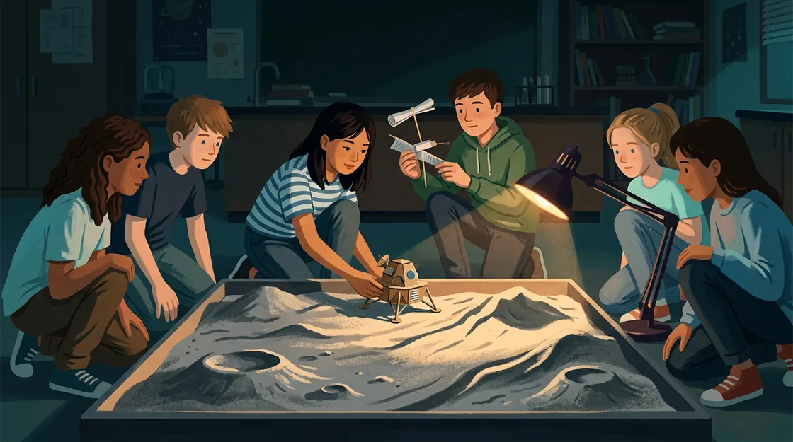 Students around a tray of grey sand hills: a lamp held low throws long shadows while one sets a cardboard lander on a sunlit ridge