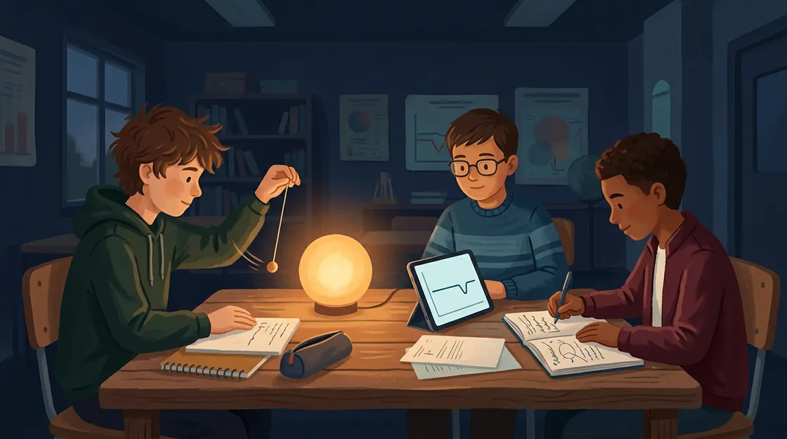 Three students at a table: one swings a bead in front of a glowing lamp, another watches a light graph dip on a tablet, the third takes notes